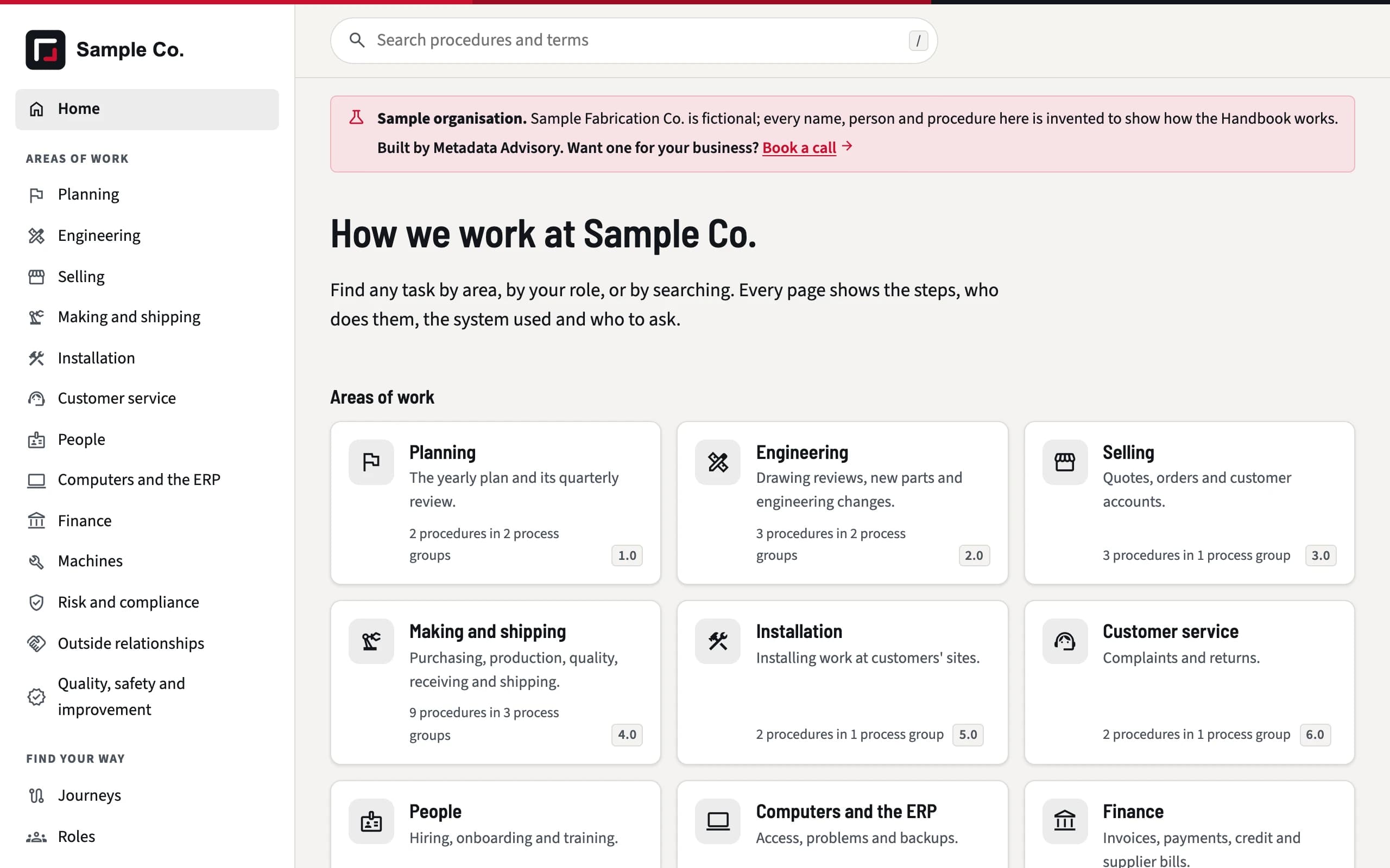 The sample Handbook home page: thirteen areas of work and five start-to-finish journeys.