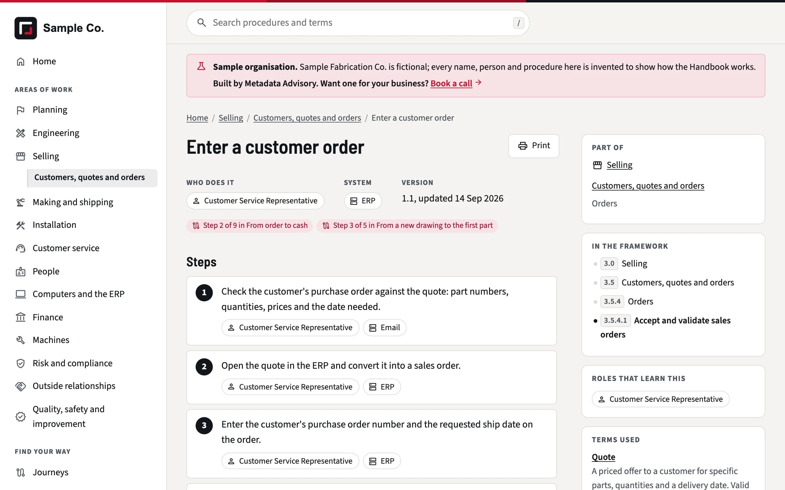 The Enter a customer order procedure: six numbered steps, each with the role and system, beside the terms it uses.