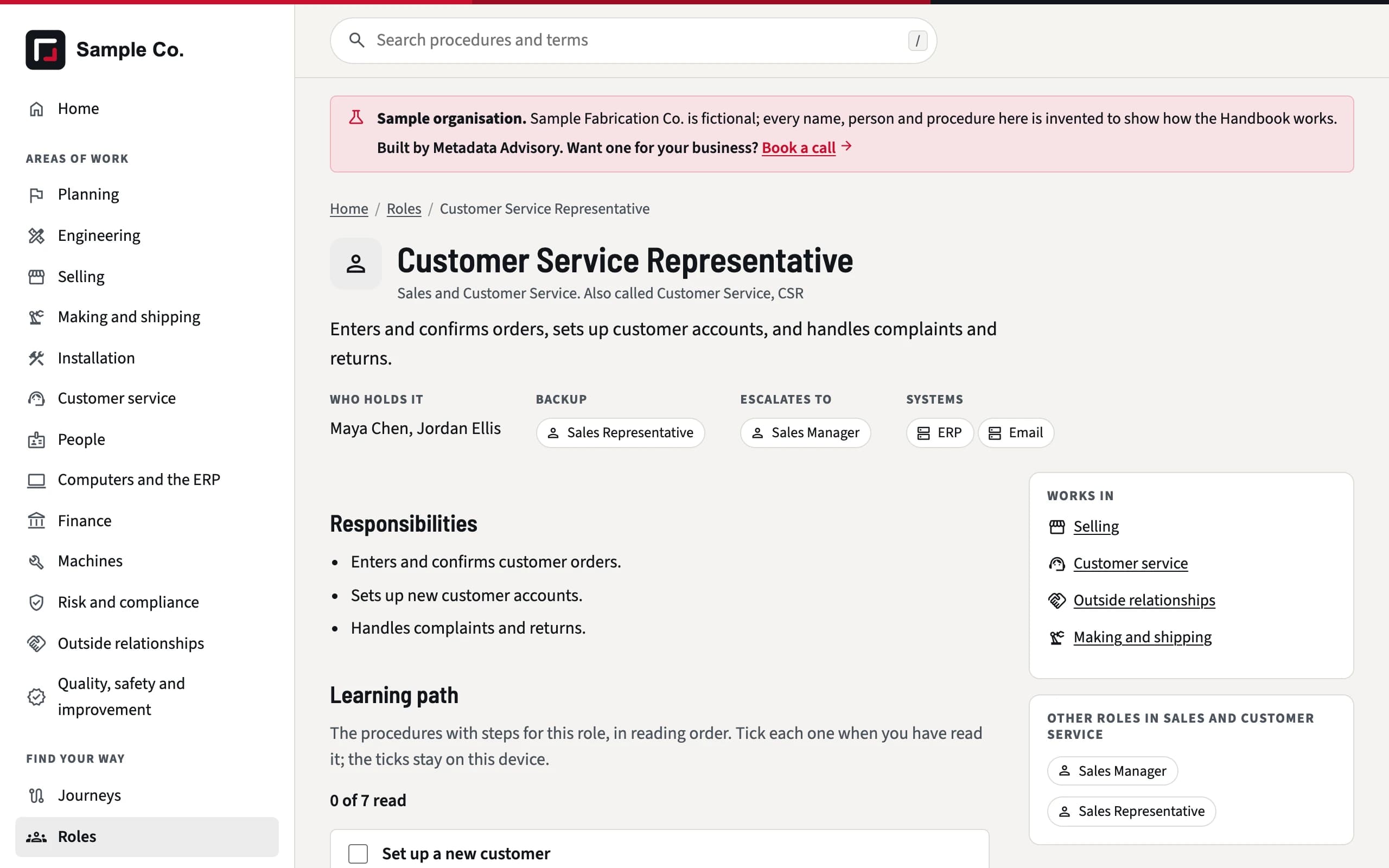 The Customer Service Representative role page: responsibilities, backup, and a learning path of seven procedures.