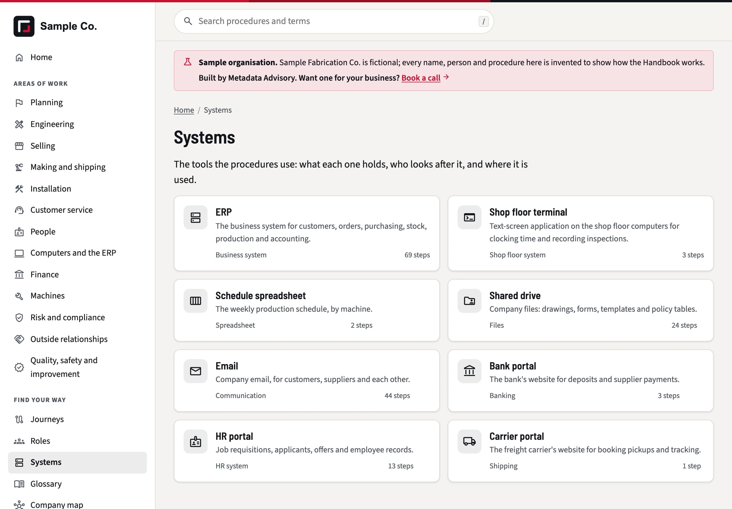 The Systems page: the ERP, email, shared drive and five other tools, each with the number of steps that use it.